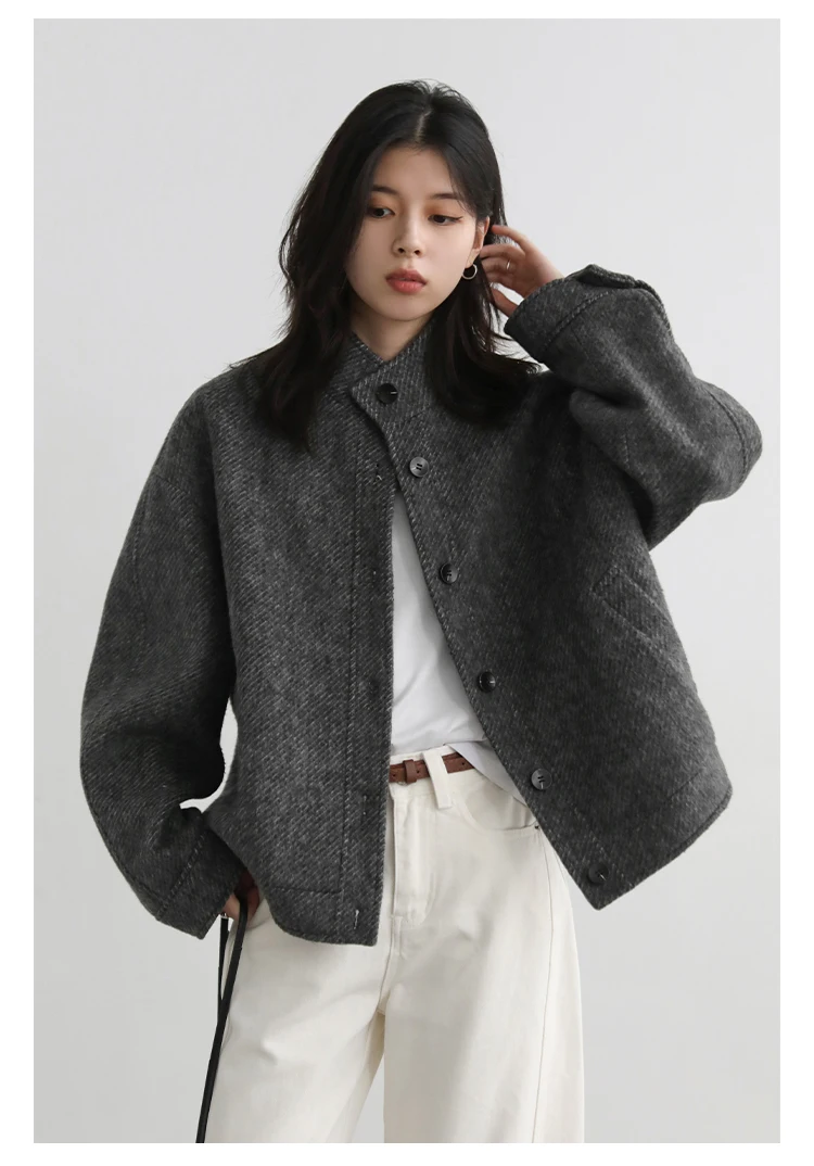 CHIC VEN Women Short Woolen Coat New Stand Up Twill Texture Single Breasted Ladies Jacket Retro Woman Outwear Autumn Winter 2025