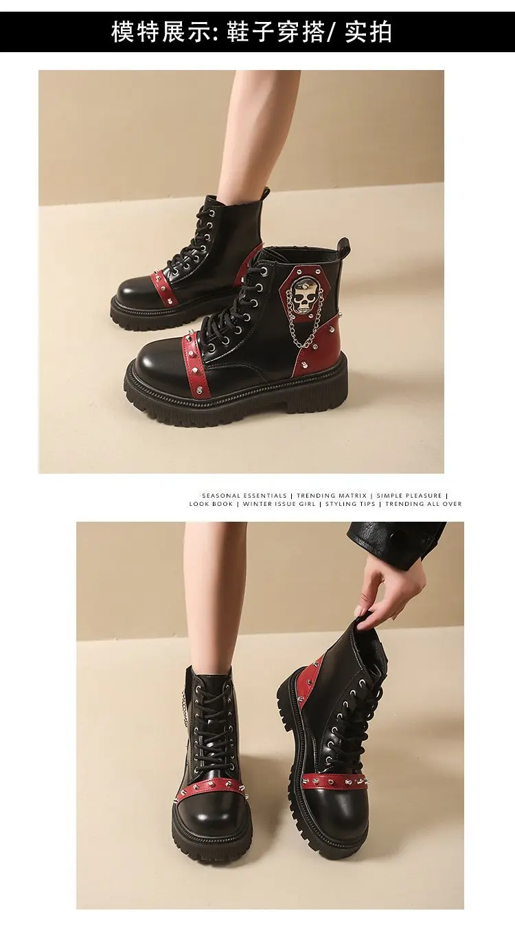 Women Punk Ankle Boots Platform Buckle Design Womens Boots Lace Up Block Heel Shoes Metal Decoration Casual Outdoor Boots 42