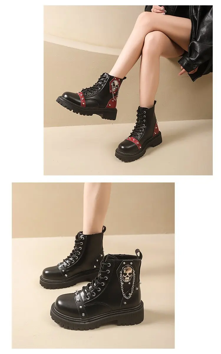Women Punk Ankle Boots Platform Buckle Design Womens Boots Lace Up Block Heel Shoes Metal Decoration Casual Outdoor Boots 42