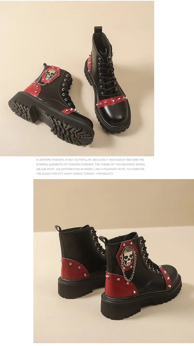 Women Punk Ankle Boots Platform Buckle Design Womens Boots Lace Up Block Heel Shoes Metal Decoration Casual Outdoor Boots 42