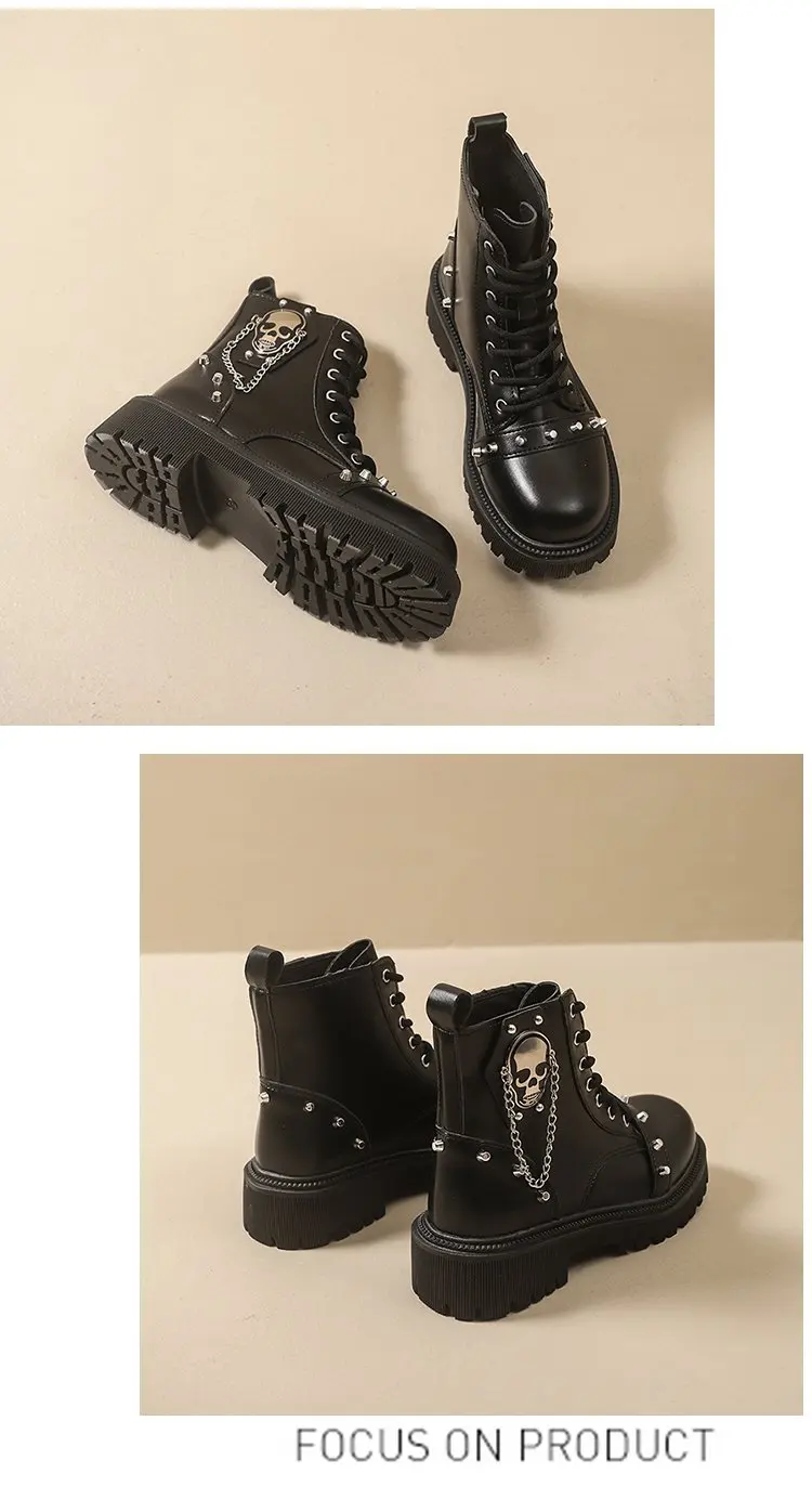Women Punk Ankle Boots Platform Buckle Design Womens Boots Lace Up Block Heel Shoes Metal Decoration Casual Outdoor Boots 42
