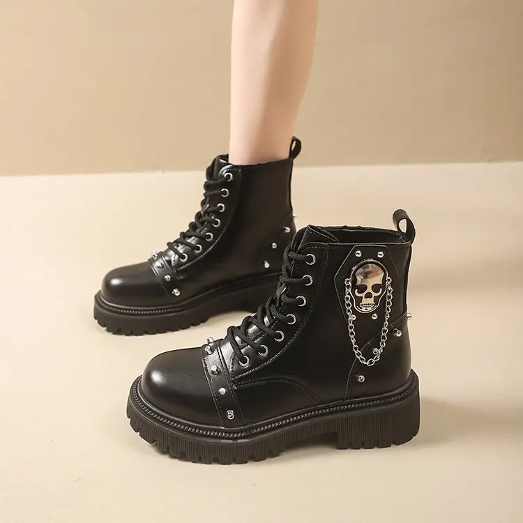 Women Punk Ankle Boots Platform Buckle Design Womens Boots Lace Up Block Heel Shoes Metal Decoration Casual Outdoor Boots 42