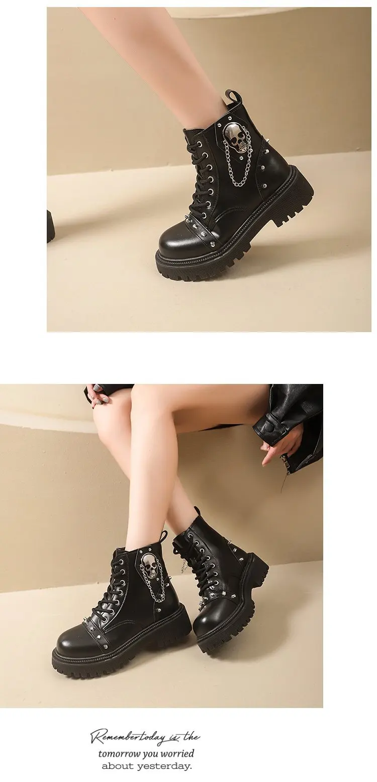 Women Punk Ankle Boots Platform Buckle Design Womens Boots Lace Up Block Heel Shoes Metal Decoration Casual Outdoor Boots 42