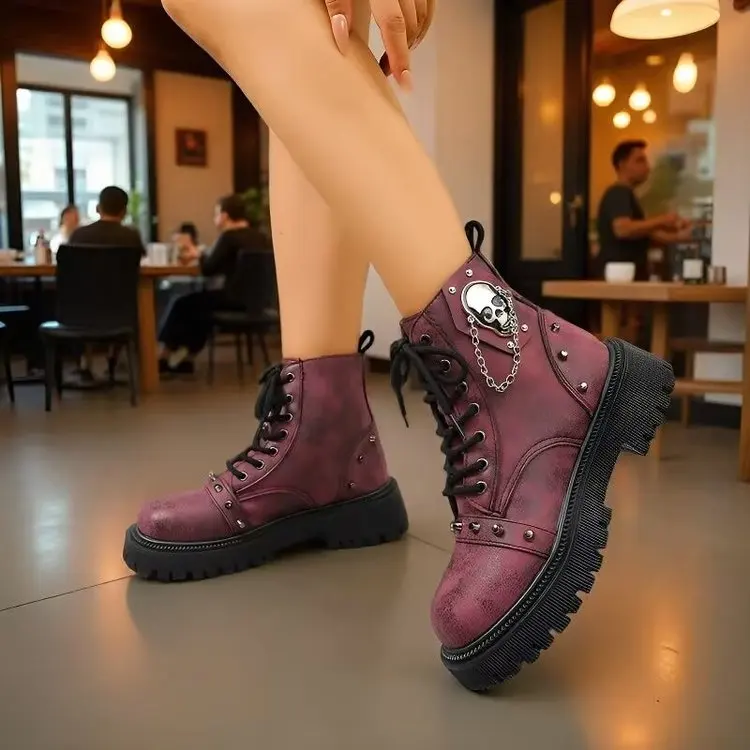 Women Punk Ankle Boots Platform Buckle Design Womens Boots Lace Up Block Heel Shoes Metal Decoration Casual Outdoor Boots 42