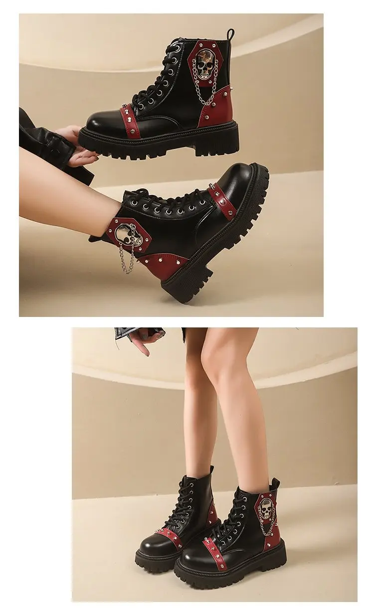 Women Punk Ankle Boots Platform Buckle Design Womens Boots Lace Up Block Heel Shoes Metal Decoration Casual Outdoor Boots 42