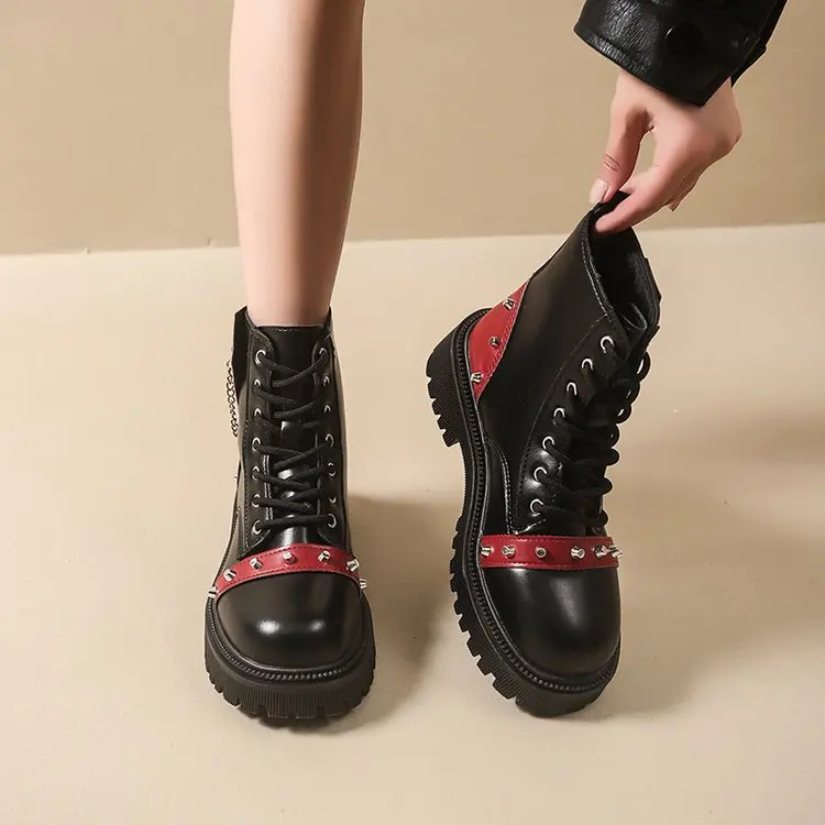 Women Punk Ankle Boots Platform Buckle Design Womens Boots Lace Up Block Heel Shoes Metal Decoration Casual Outdoor Boots 42