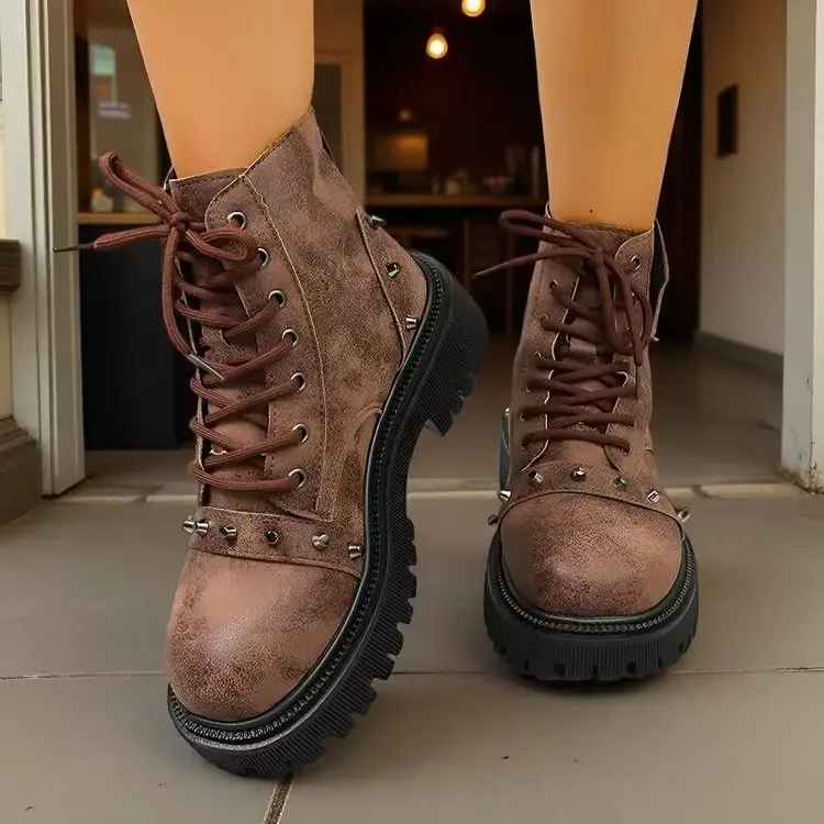 Women Punk Ankle Boots Platform Buckle Design Womens Boots Lace Up Block Heel Shoes Metal Decoration Casual Outdoor Boots 42