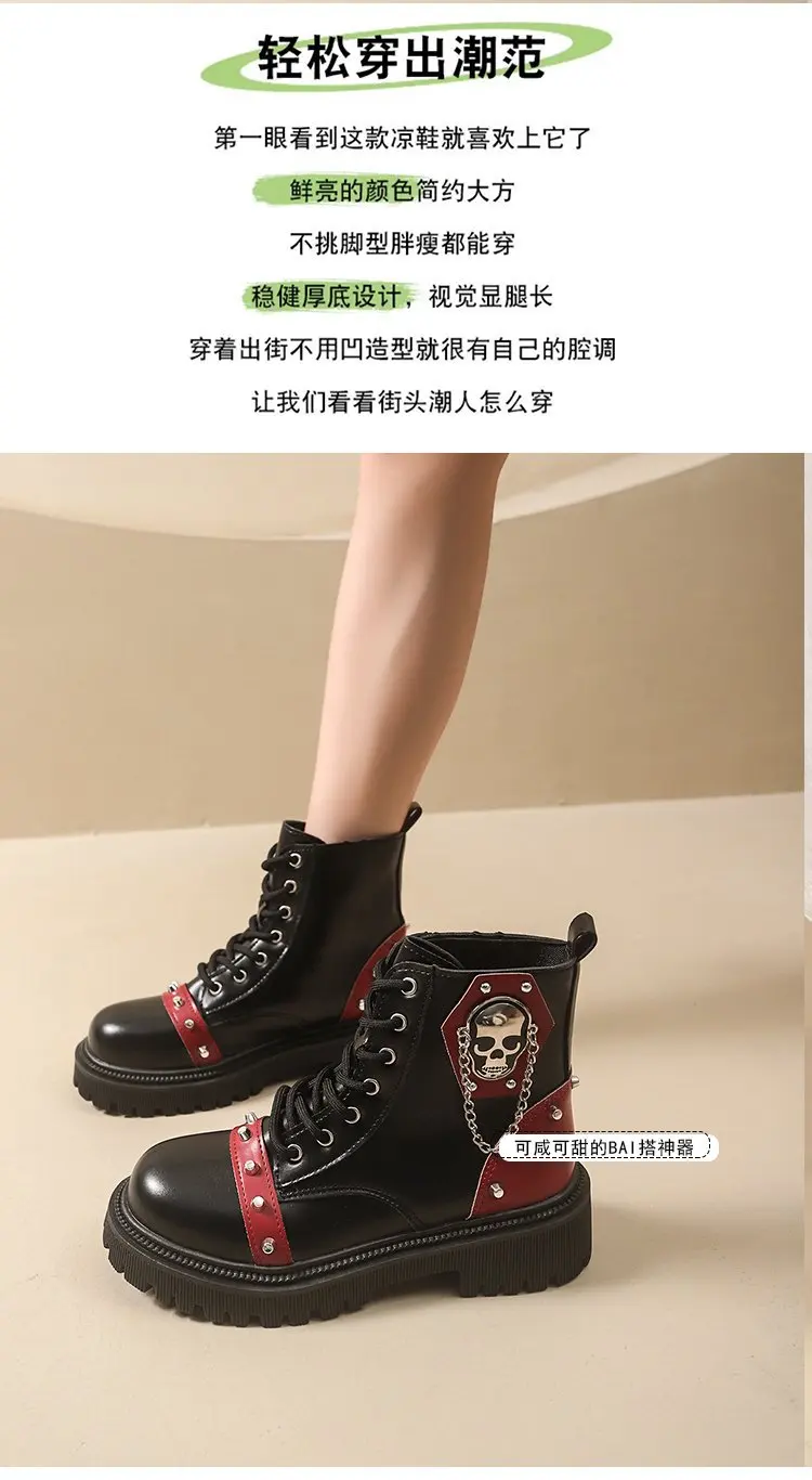 Women Punk Ankle Boots Platform Buckle Design Womens Boots Lace Up Block Heel Shoes Metal Decoration Casual Outdoor Boots 42