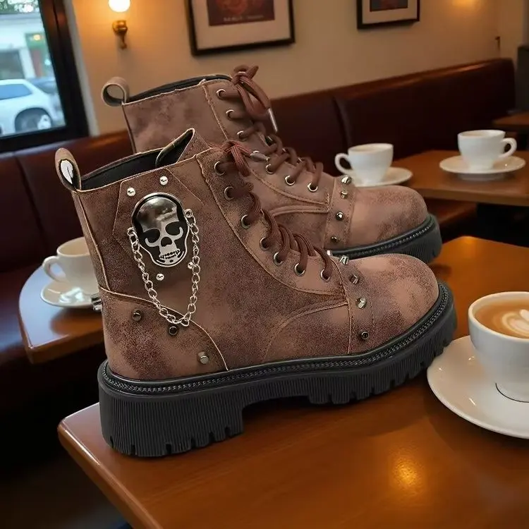 Women Punk Ankle Boots Platform Buckle Design Womens Boots Lace Up Block Heel Shoes Metal Decoration Casual Outdoor Boots 42