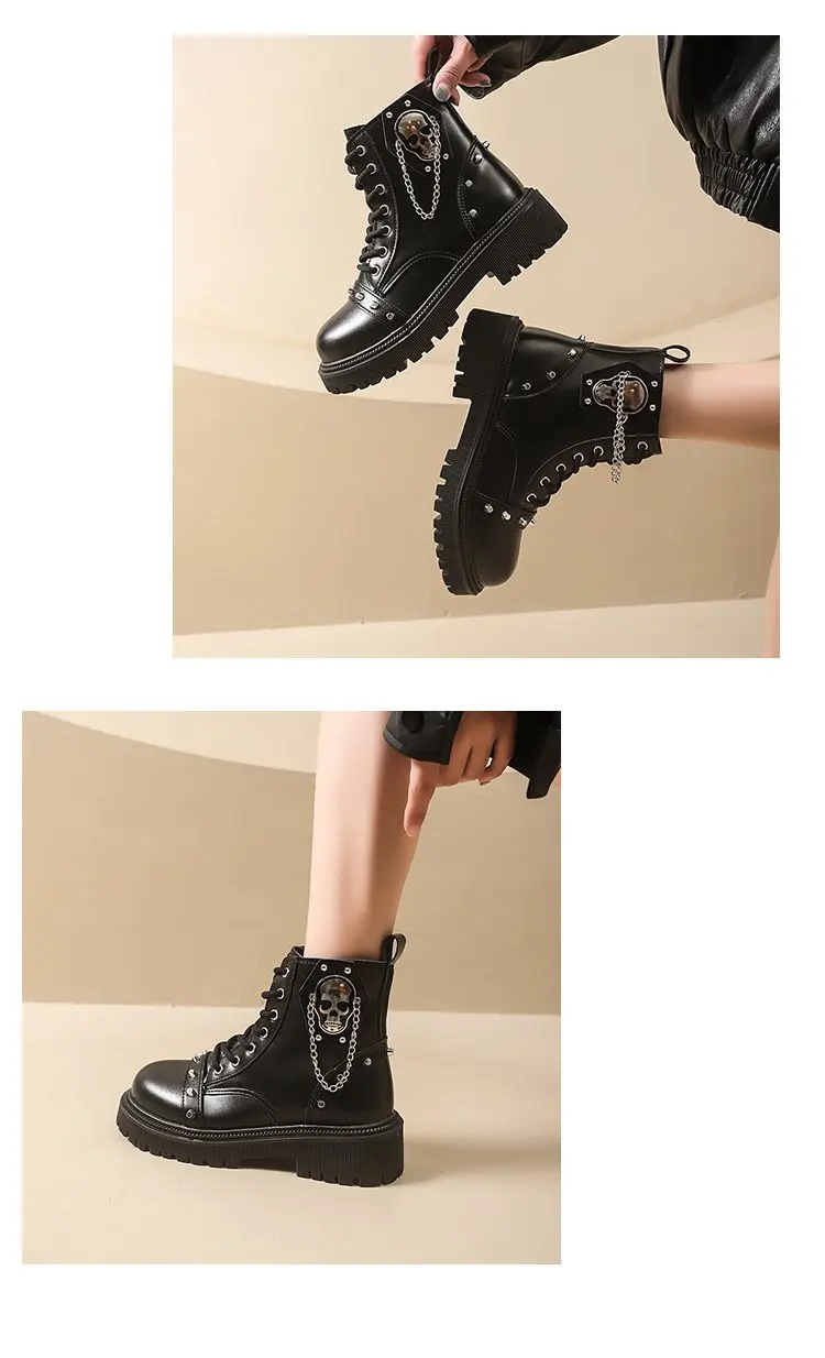 Women Punk Ankle Boots Platform Buckle Design Womens Boots Lace Up Block Heel Shoes Metal Decoration Casual Outdoor Boots 42
