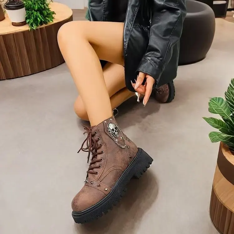 Women Punk Ankle Boots Platform Buckle Design Womens Boots Lace Up Block Heel Shoes Metal Decoration Casual Outdoor Boots 42