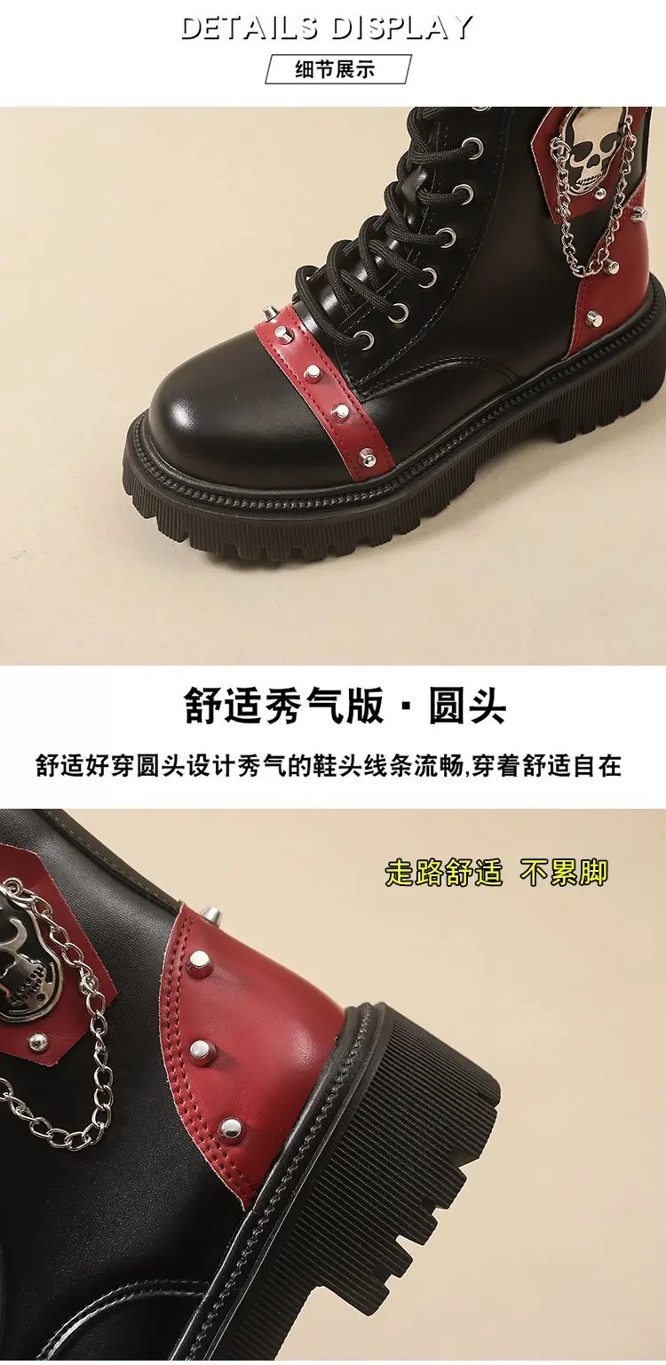 Women Punk Ankle Boots Platform Buckle Design Womens Boots Lace Up Block Heel Shoes Metal Decoration Casual Outdoor Boots 42