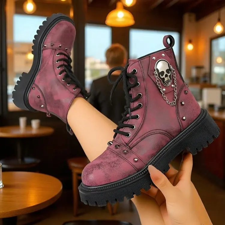 Women Punk Ankle Boots Platform Buckle Design Womens Boots Lace Up Block Heel Shoes Metal Decoration Casual Outdoor Boots 42