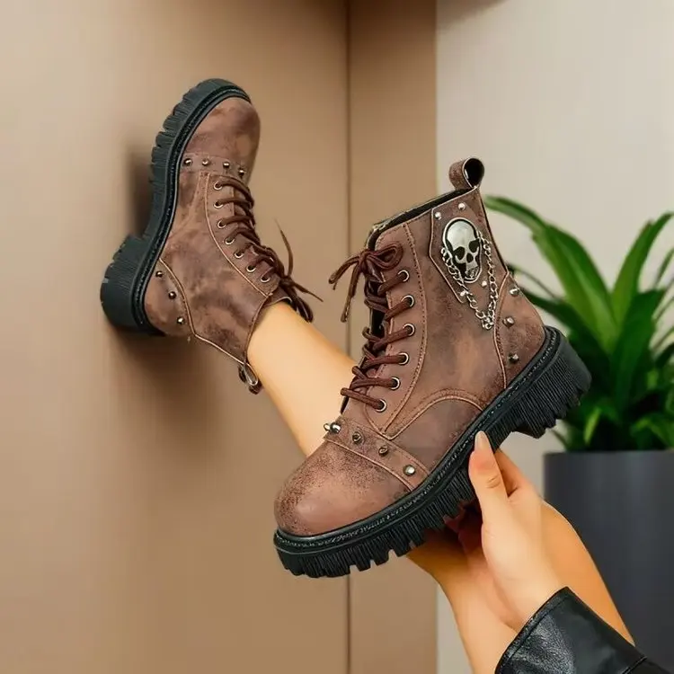 Women Punk Ankle Boots Platform Buckle Design Womens Boots Lace Up Block Heel Shoes Metal Decoration Casual Outdoor Boots 42