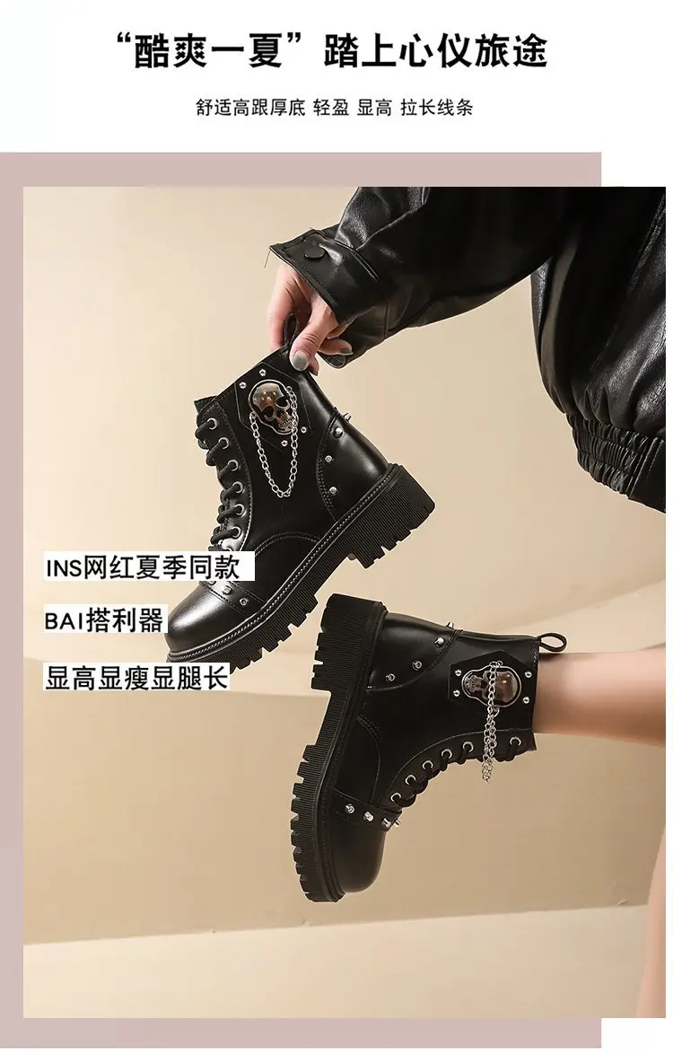 Women Punk Ankle Boots Platform Buckle Design Womens Boots Lace Up Block Heel Shoes Metal Decoration Casual Outdoor Boots 42