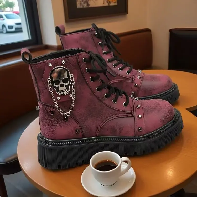 Women Punk Ankle Boots Platform Buckle Design Womens Boots Lace Up Block Heel Shoes Metal Decoration Casual Outdoor Boots 42