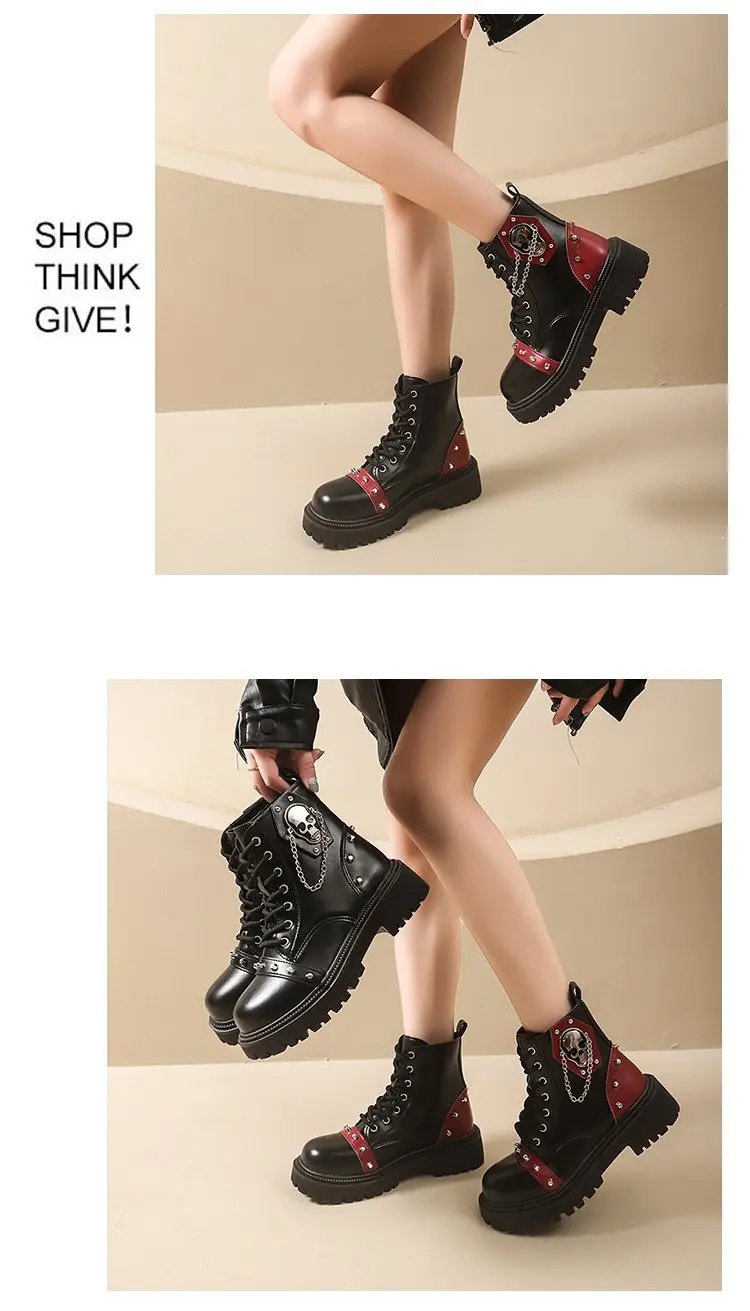 Women Punk Ankle Boots Platform Buckle Design Womens Boots Lace Up Block Heel Shoes Metal Decoration Casual Outdoor Boots 42