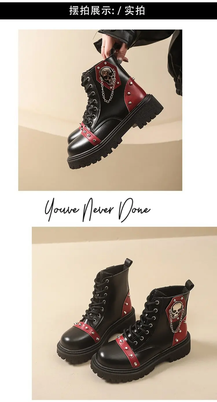 Women Punk Ankle Boots Platform Buckle Design Womens Boots Lace Up Block Heel Shoes Metal Decoration Casual Outdoor Boots 42