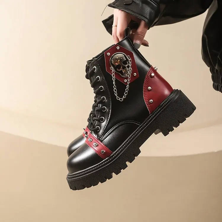 Women Punk Ankle Boots Platform Buckle Design Womens Boots Lace Up Block Heel Shoes Metal Decoration Casual Outdoor Boots 42