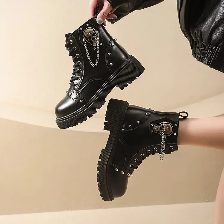 Women Punk Ankle Boots Platform Buckle Design Womens Boots Lace Up Block Heel Shoes Metal Decoration Casual Outdoor Boots 42