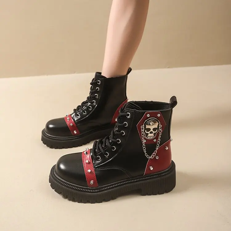 Women Punk Ankle Boots Platform Buckle Design Womens Boots Lace Up Block Heel Shoes Metal Decoration Casual Outdoor Boots 42