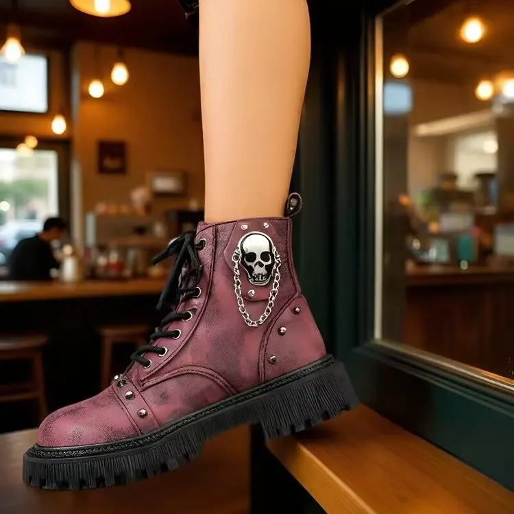 Women Punk Ankle Boots Platform Buckle Design Womens Boots Lace Up Block Heel Shoes Metal Decoration Casual Outdoor Boots 42