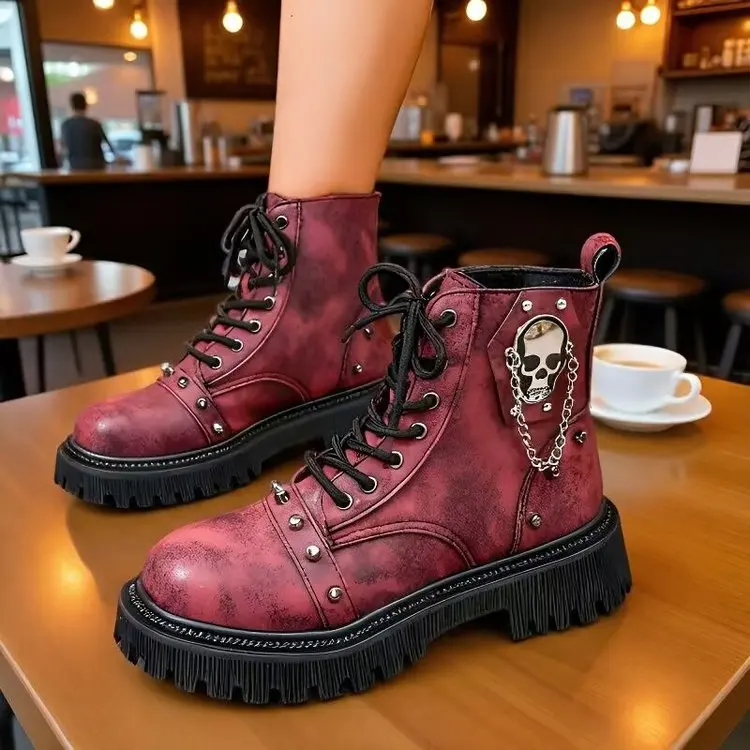 Women Punk Ankle Boots Platform Buckle Design Womens Boots Lace Up Block Heel Shoes Metal Decoration Casual Outdoor Boots 42