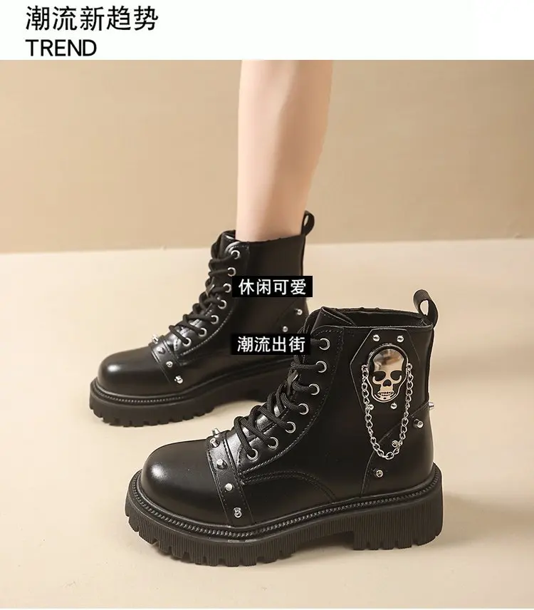 Women Punk Ankle Boots Platform Buckle Design Womens Boots Lace Up Block Heel Shoes Metal Decoration Casual Outdoor Boots 42