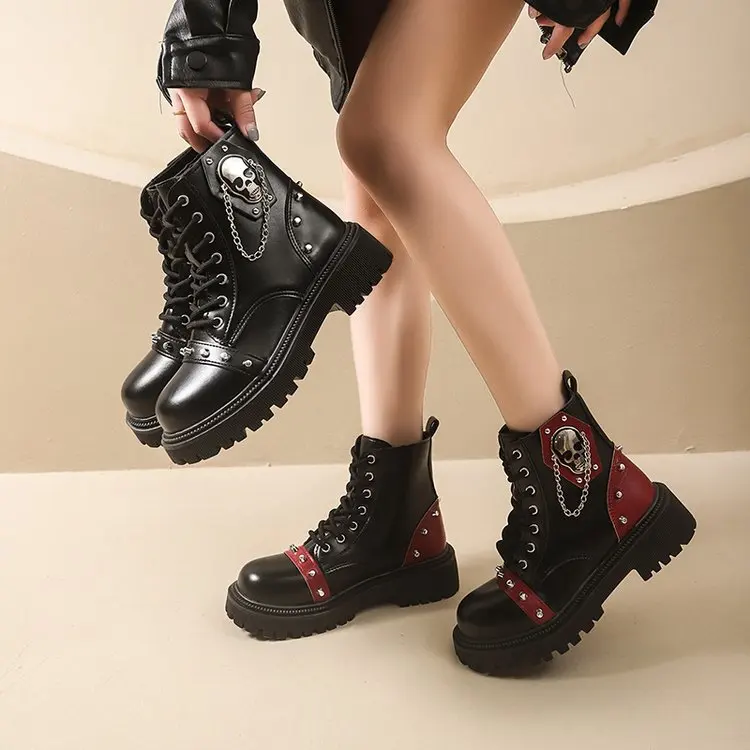 Women Punk Ankle Boots Platform Buckle Design Womens Boots Lace Up Block Heel Shoes Metal Decoration Casual Outdoor Boots 42