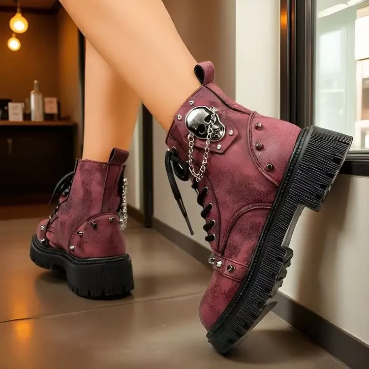 Women Punk Ankle Boots Platform Buckle Design Womens Boots Lace Up Block Heel Shoes Metal Decoration Casual Outdoor Boots 42