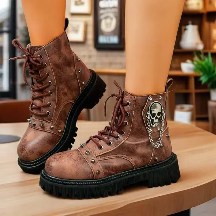 Women Punk Ankle Boots Platform Buckle Design Womens Boots Lace Up Block Heel Shoes Metal Decoration Casual Outdoor Boots 42