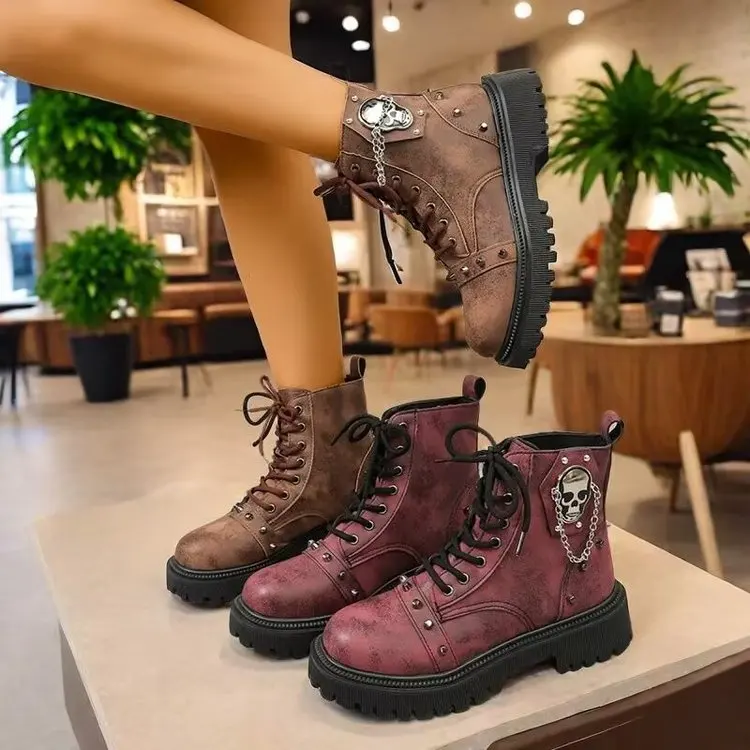 Women Punk Ankle Boots Platform Buckle Design Womens Boots Lace Up Block Heel Shoes Metal Decoration Casual Outdoor Boots 42