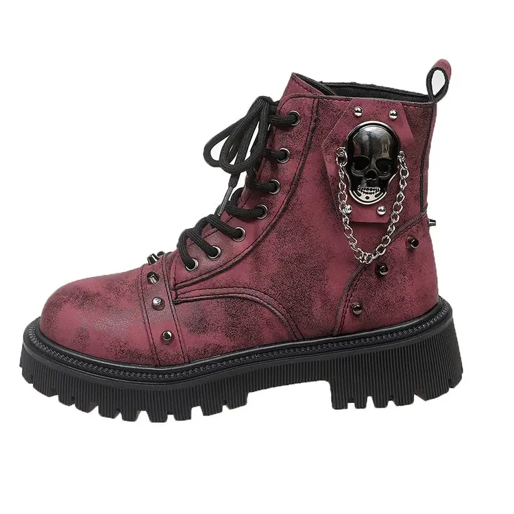 Women Punk Ankle Boots Platform Buckle Design Womens Boots Lace Up Block Heel Shoes Metal Decoration Casual Outdoor Boots 42
