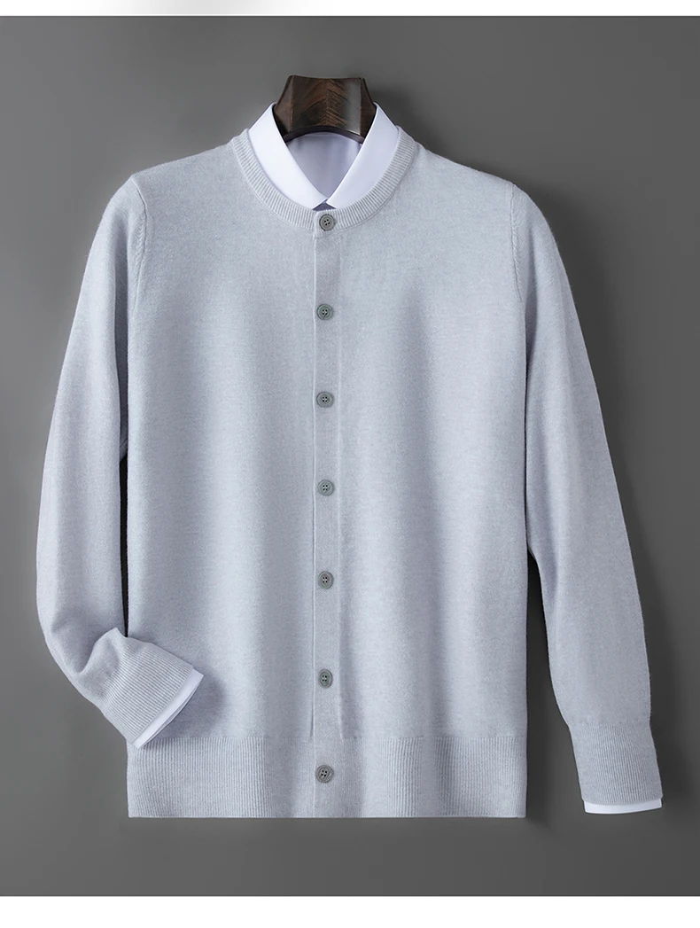 100% wool knitted round neck cardigan men's sweater small coat early autumn new long sleeve loose outside.