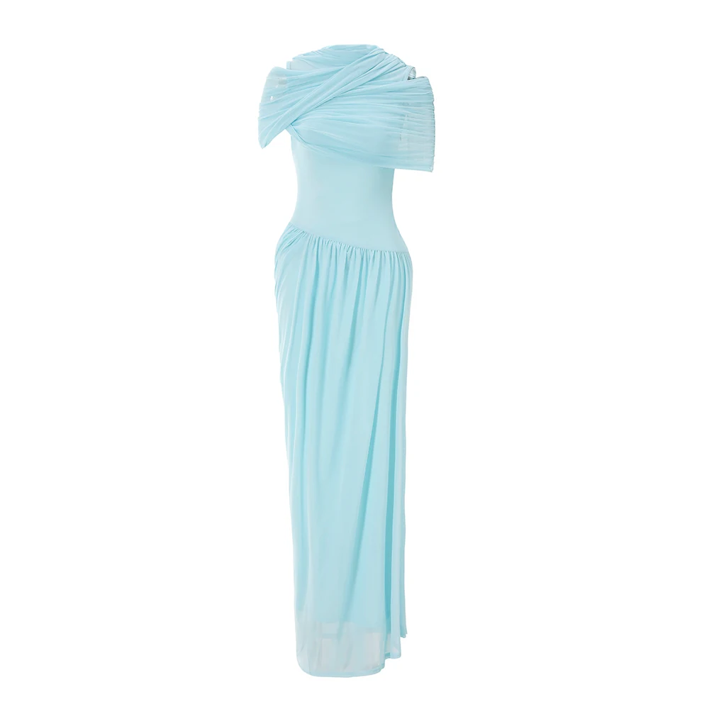 Suninheart Women Elegant Bodycon Maxi Dress Ruffled Long Mesh Dress Sexy Blue Vacation Wedding Guest Party Dresses