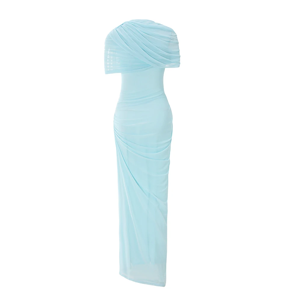 Suninheart Women Elegant Bodycon Maxi Dress Ruffled Long Mesh Dress Sexy Blue Vacation Wedding Guest Party Dresses