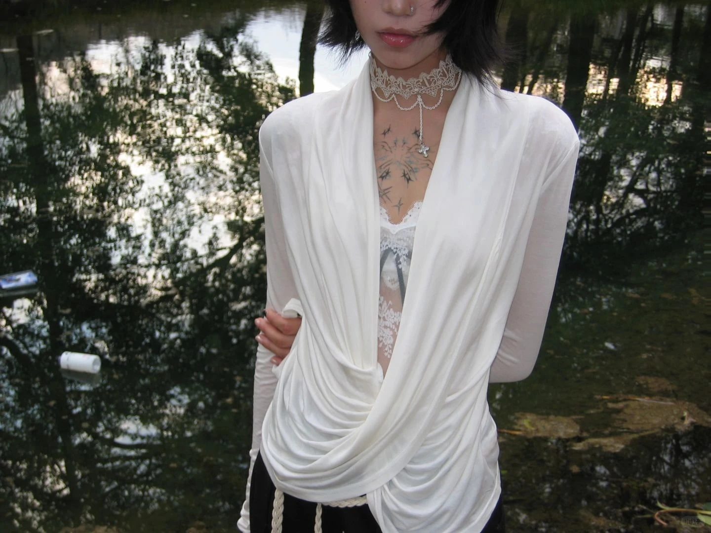 Karrram Japanese Y2k Cross Tops Trashy 2000s Style V-neck Long Sleeve T-shirt Vintage Harajuku White Irregular Tops American 90s