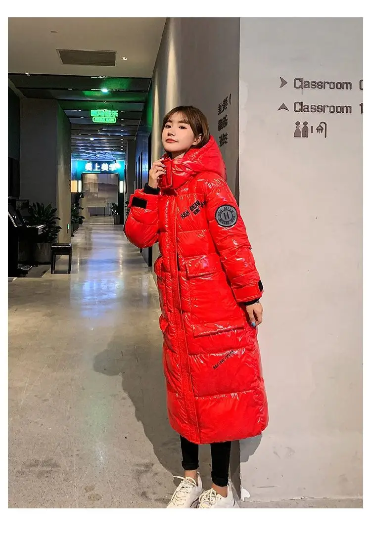 Black Glossy Parker Female Warm Winter Thicken Down Cotton Jacket Windproof Rainproof Women's Hooded Coat Casual Long Overcoat