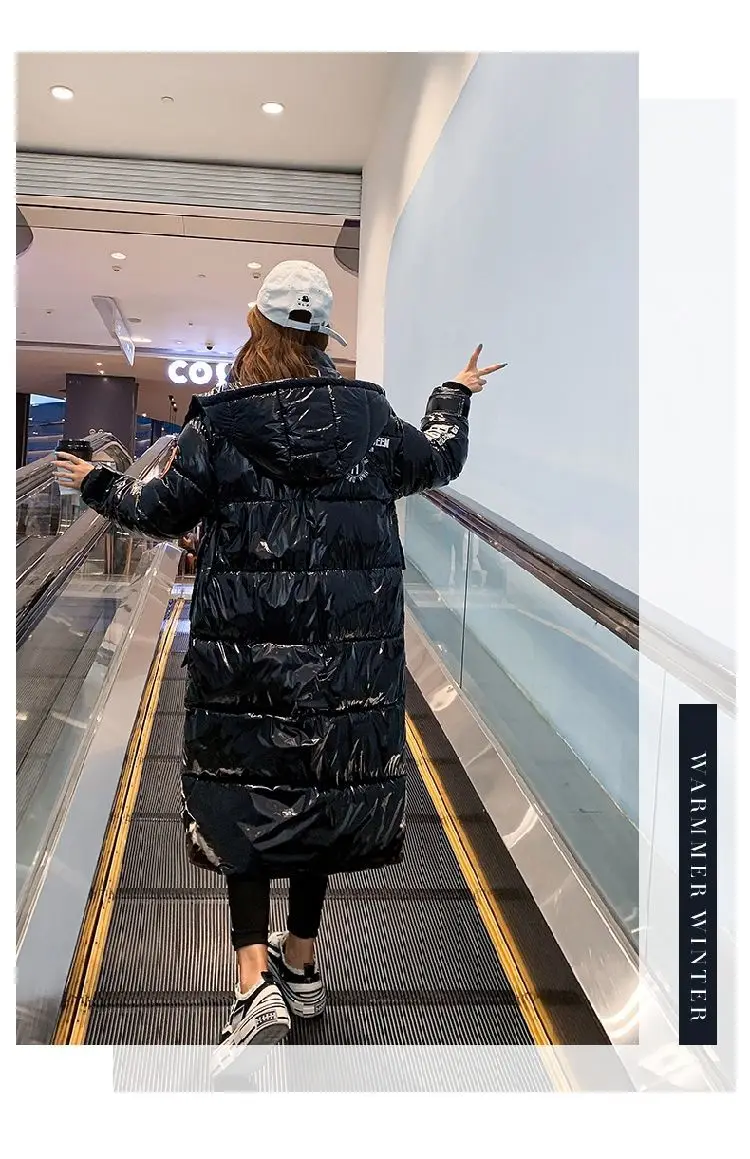 Black Glossy Parker Female Warm Winter Thicken Down Cotton Jacket Windproof Rainproof Women's Hooded Coat Casual Long Overcoat