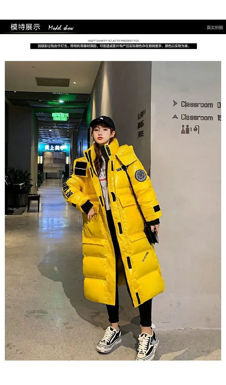 Black Glossy Parker Female Warm Winter Thicken Down Cotton Jacket Windproof Rainproof Women's Hooded Coat Casual Long Overcoat