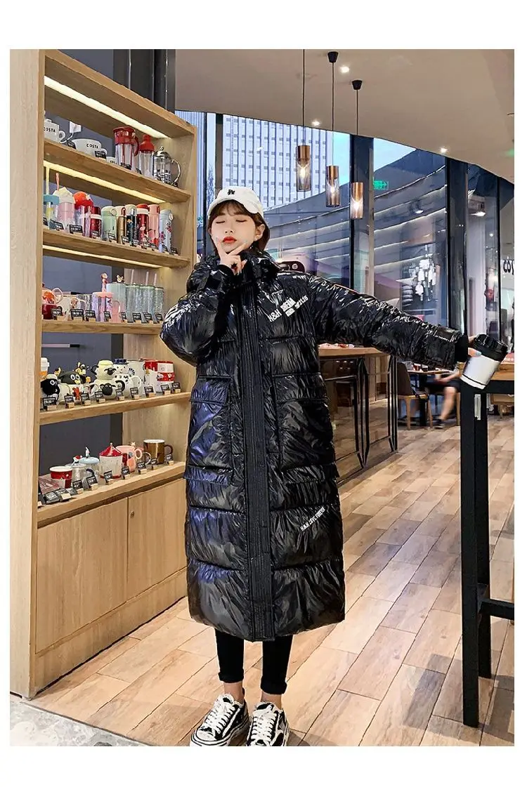 Black Glossy Parker Female Warm Winter Thicken Down Cotton Jacket Windproof Rainproof Women's Hooded Coat Casual Long Overcoat
