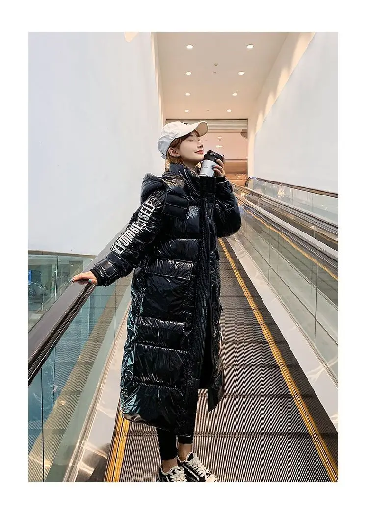 Black Glossy Parker Female Warm Winter Thicken Down Cotton Jacket Windproof Rainproof Women's Hooded Coat Casual Long Overcoat