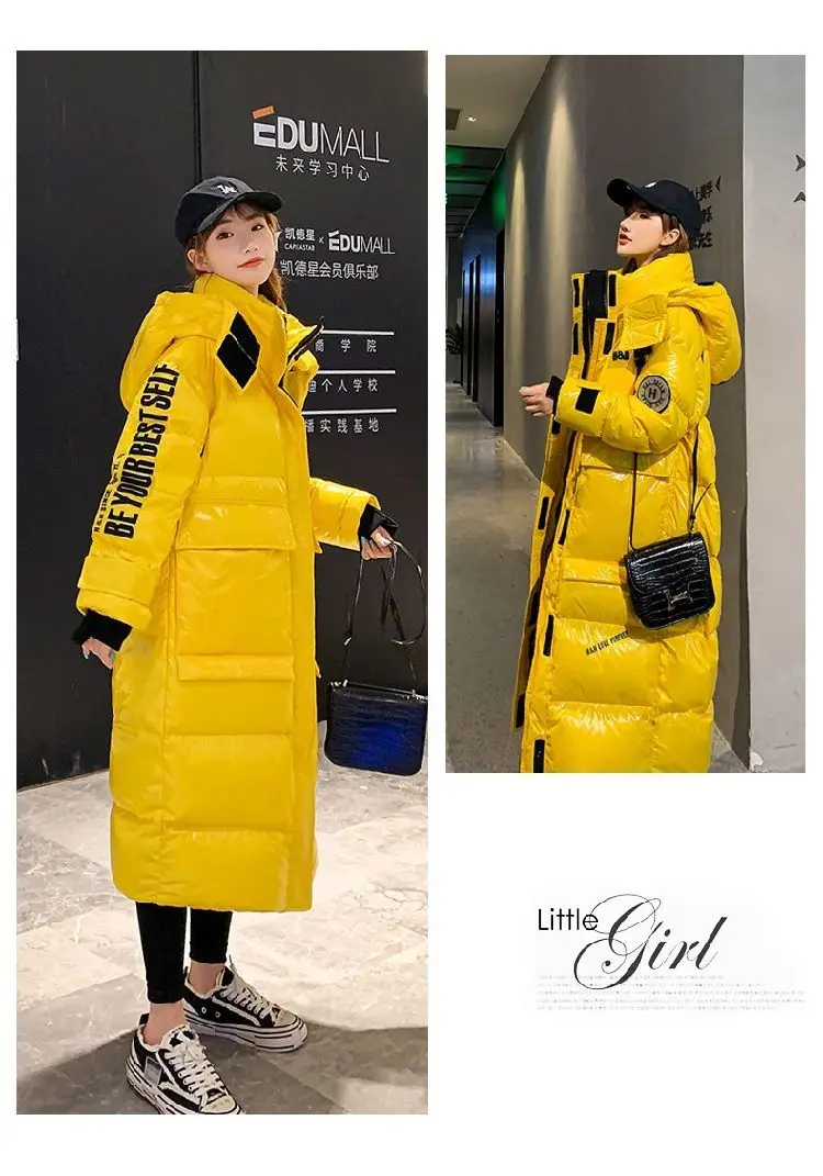 Black Glossy Parker Female Warm Winter Thicken Down Cotton Jacket Windproof Rainproof Women's Hooded Coat Casual Long Overcoat