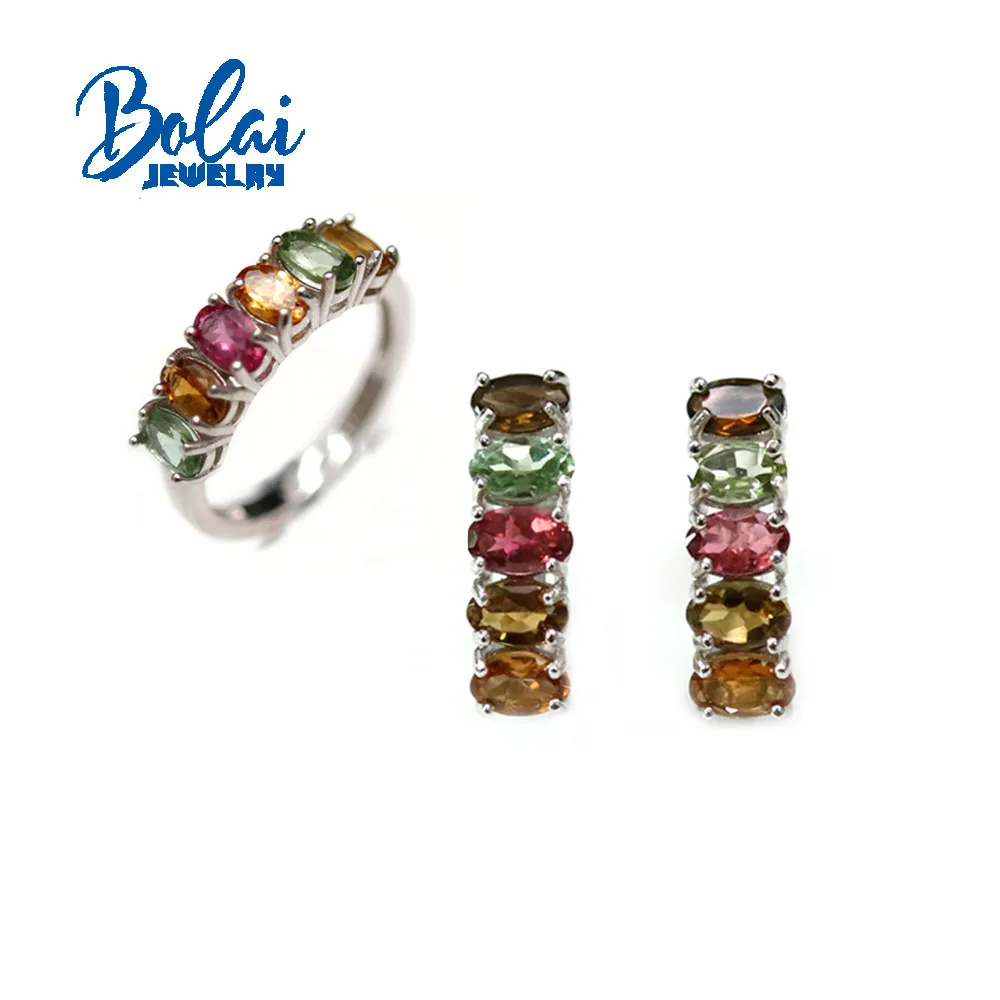 Bolaijewelry New Natural Tourmaline Oval 3*5mm Ring Earrings Set Simple Light Luxury Women Daily Wear Boutique Jewelry