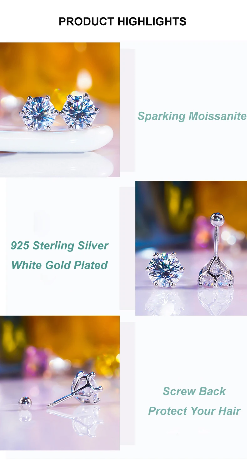 NKHOG Real 2 Carat 8mm Moissanite Stud Earrings For Women Screw Thread Ear Studs 925 Sterling Silver Jewelry Pass Diamond Test