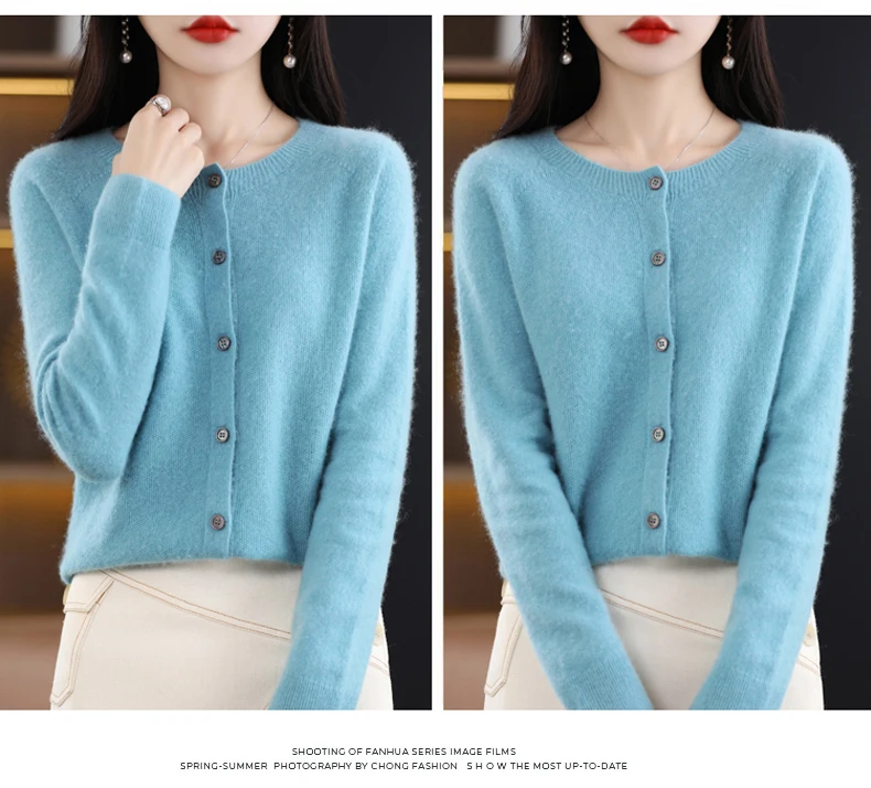 Women 100% Merino Wool Sweater Autumn Winter O-Neck First Line Seamless Cardigan Long Sleeve Clothing Cashmere Knitwear Tops