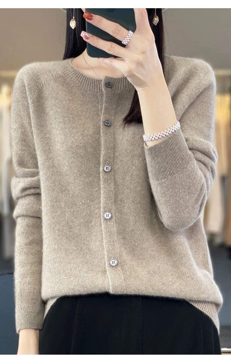 Women 100% Merino Wool Sweater Autumn Winter O-Neck First Line Seamless Cardigan Long Sleeve Clothing Cashmere Knitwear Tops