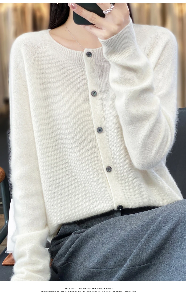 Women 100% Merino Wool Sweater Autumn Winter O-Neck First Line Seamless Cardigan Long Sleeve Clothing Cashmere Knitwear Tops
