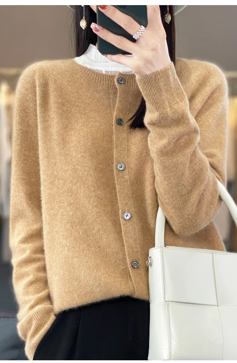 Women 100% Merino Wool Sweater Autumn Winter O-Neck First Line Seamless Cardigan Long Sleeve Clothing Cashmere Knitwear Tops