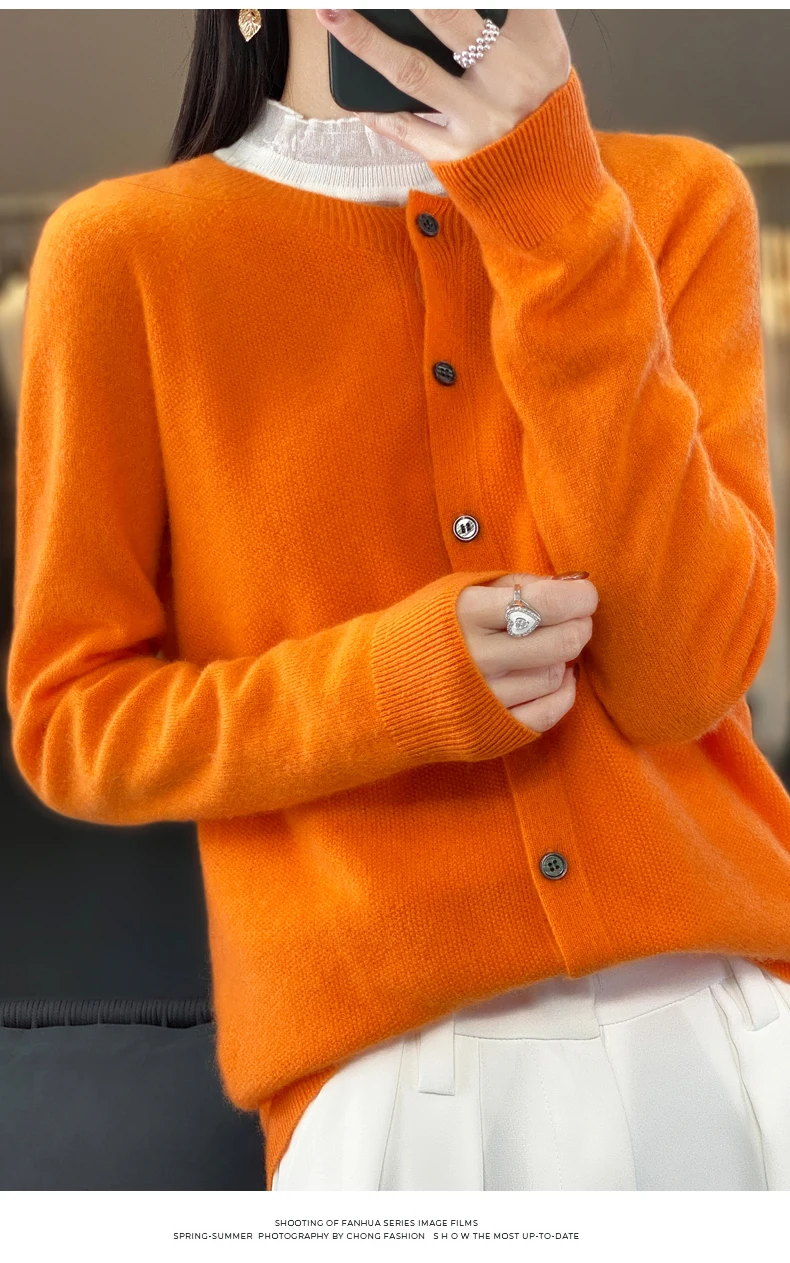 Women 100% Merino Wool Sweater Autumn Winter O-Neck First Line Seamless Cardigan Long Sleeve Clothing Cashmere Knitwear Tops